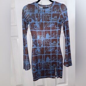 Motel Rocks Blue and Brown Graphic Long Sleeve Dress